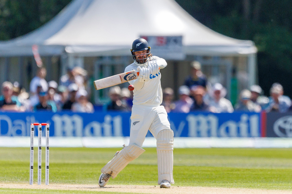 New Zealand's Tom Blundell bats on day two of the test match between Ireland and New Zealand at Stormont Cricket Ground in Belfast, Northern Ireland, Thursday May 28, 2026. (Liam McBurney/PA via AP)