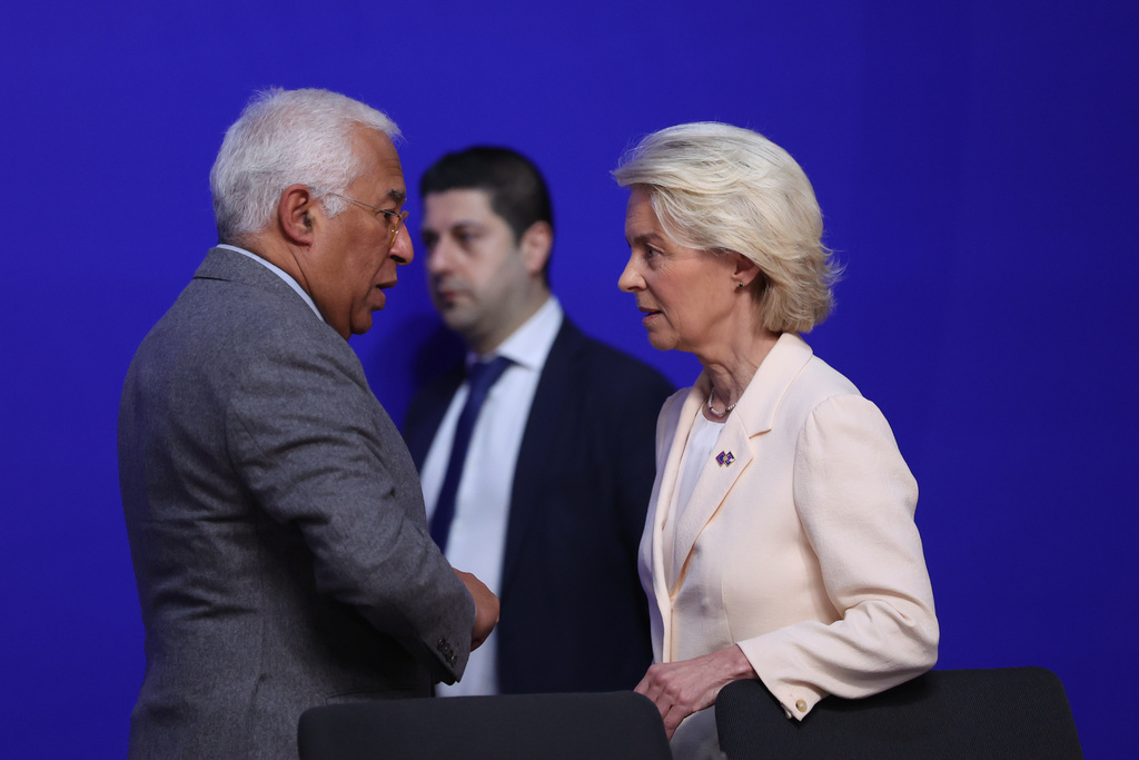 European Council President Antonio Costa, left, speaks with European Commission President Ursula von der Leyen during a round table meeting for the EU summit at Alden Biesen Castle in Bilzen-Hoeselt, Belgium, Thursday, Feb. 12, 2026. (AP Photo/Omar Havana)