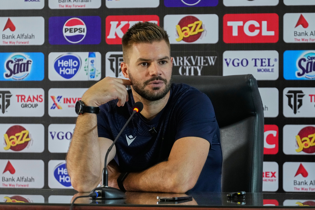 South Africa's test team skipper Aiden Markram speaks during a press conference, in Lahore, Pakistan, Saturday, Oct. 11, 2025. (AP Photo/K.M. Chaudary)