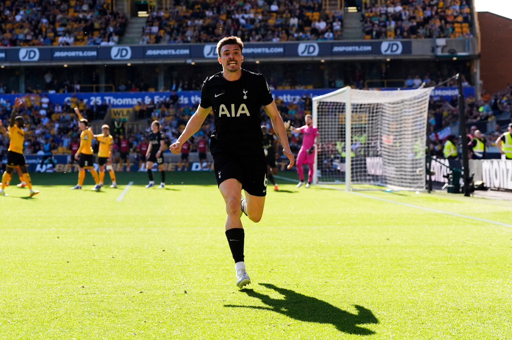 Tottenham Hotspur's Joao Palhinha celebrates scoring during the English Premier League soccer match between Wolverhampton Wanderers and Tottenham Hotspur in Wolverhampton, England, Saturday April 25, 2026. (Nick Potts/PA via AP)