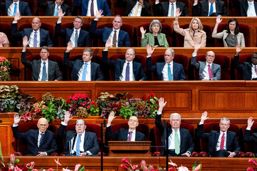 Elder Henry B. Eyring, bottom center, of the Quorum of the Twelve Apostles, and other Church leaders raise their hands as part of a sustaining vote during the morning session of the 195th Semiannual General Conference of The Church of Jesus Christ of Latter-day Saints at the Conference Center in Salt Lake City on Saturday, Oct. 4, 2025. (Isaac Hale/The Deseret News via AP) Elder Henry B. Eyring, bottom center, of the Quorum of the Twelve Apostles, and other Church leaders raise their hands as part of a sustaining vote during the morning session of the 195th Semiannual General Conference of The Church of Jesus Christ of Latter-day Saints at the Conference Center in Salt Lake City on Saturday, Oct. 4, 2025. (Isaac Hale/The Deseret News via AP)