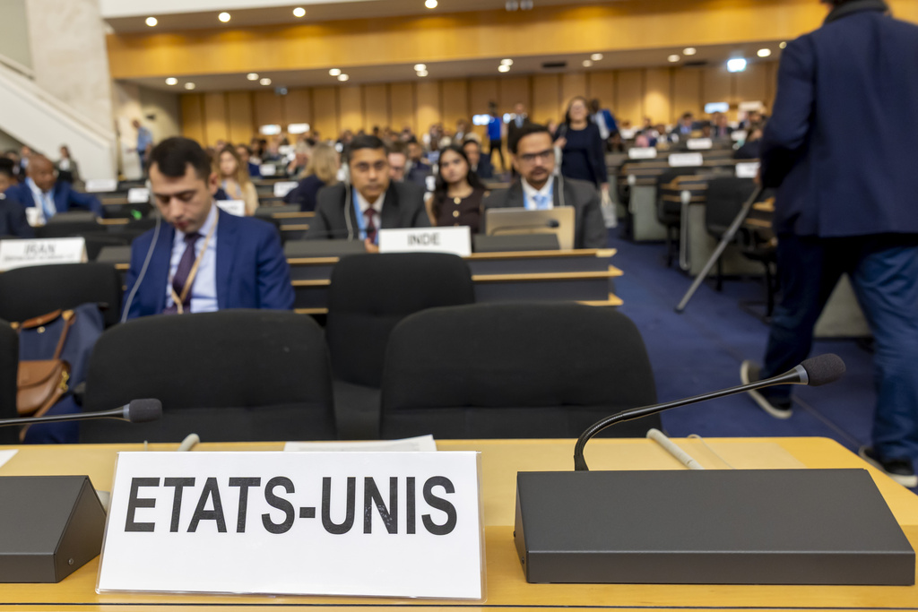 The empty seat of the U.S. delegation, during the 60th session of the Human Rights Council, at the European headquarters of the United Nations in Geneva, Switzerland, Monday, Sept. 8, 2025. (Salvatore Di Nolfi/Keystone via AP)