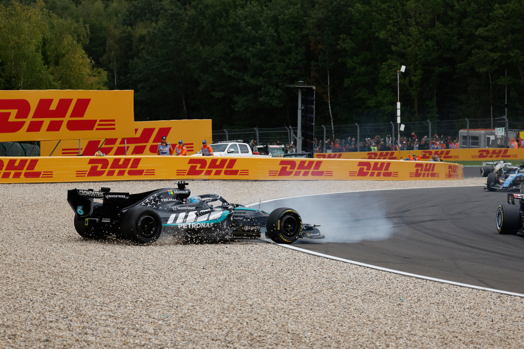 Mercedes driver George Russell of Britain spins off the track during the Formula One Grand Prix at the Spa-Francorchamps racetrack in Spa, Belgium, Sunday, July 19, 2026. (AP Photo/Geert Vanden Wijngaert)