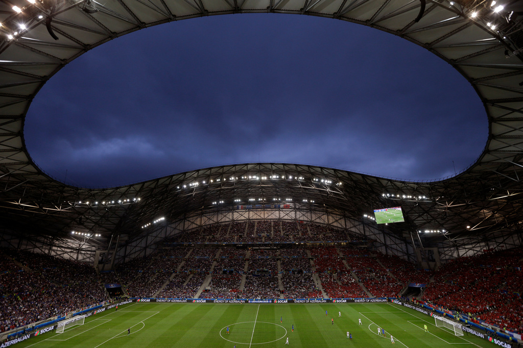 FILE -General view of Stade Velodrome stadium during the Euro 2016 Group A soccer match between France and Albania in Marseille, France, June 15, 2016. (AP Photo/Claude Paris, File)