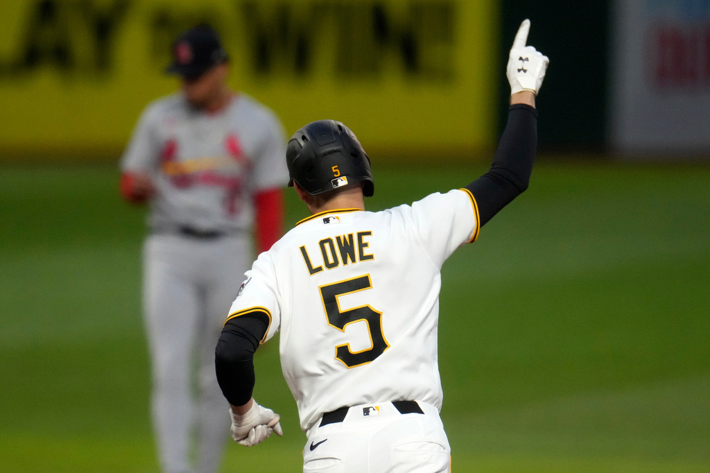 Pittsburgh Pirates' Brandon Lowe (5) rounds the bases after hitting a solo home run off St. Louis Cardinals pitcher Matthew Liberatore during the second inning of a baseball game in Pittsburgh, Wednesday, Sept. 23, 2026. (AP Photo/Gene J. Puskar)
