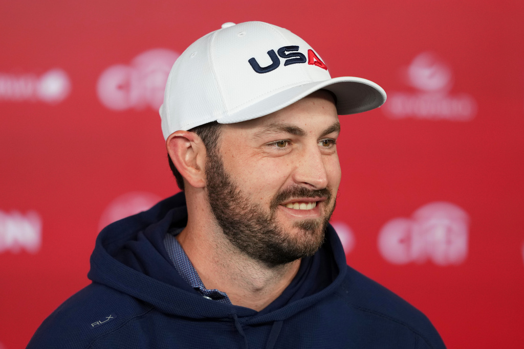 United States' Patrick Cantlay speaks during a news conference before a practice round at the Ryder Cup golf tournament, Tuesday, Sept. 23, 2025, in Farmingdale, N.Y., at Bethpage State Park's Black Course. (AP Photo/Linsey Wasson)