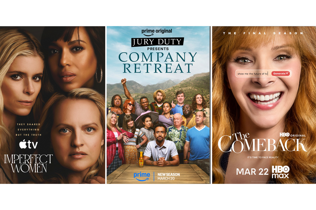 This combination of images shows promotional art for the series "Imperfect Women," from left, "Jury Duty Presents: Company Retreat," and "The Comeback." (Apple TV/Prime/HBO Max via AP)