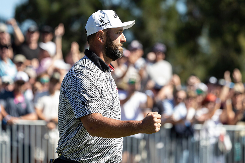 Captain Jon Rahm of Legion XIII celebrates during the second round of the LIV Golf tournament at Grange Golf Club, Friday, Feb. 13, 2026 in Adelaide, Australia. (Jon Ferrey/LIV Golf via AP)