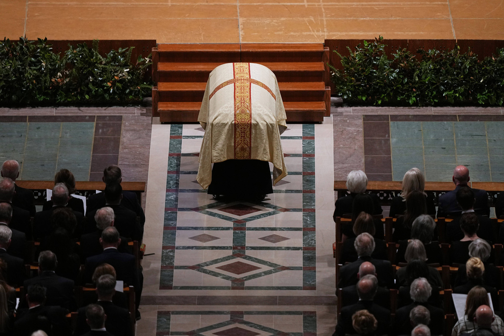 The casket of former Vice President Dick Cheney while services are held at the Washington National Cathedral, Thursday, Nov. 20, 2025 in Washington. (AP Photo/Matt Rourke)