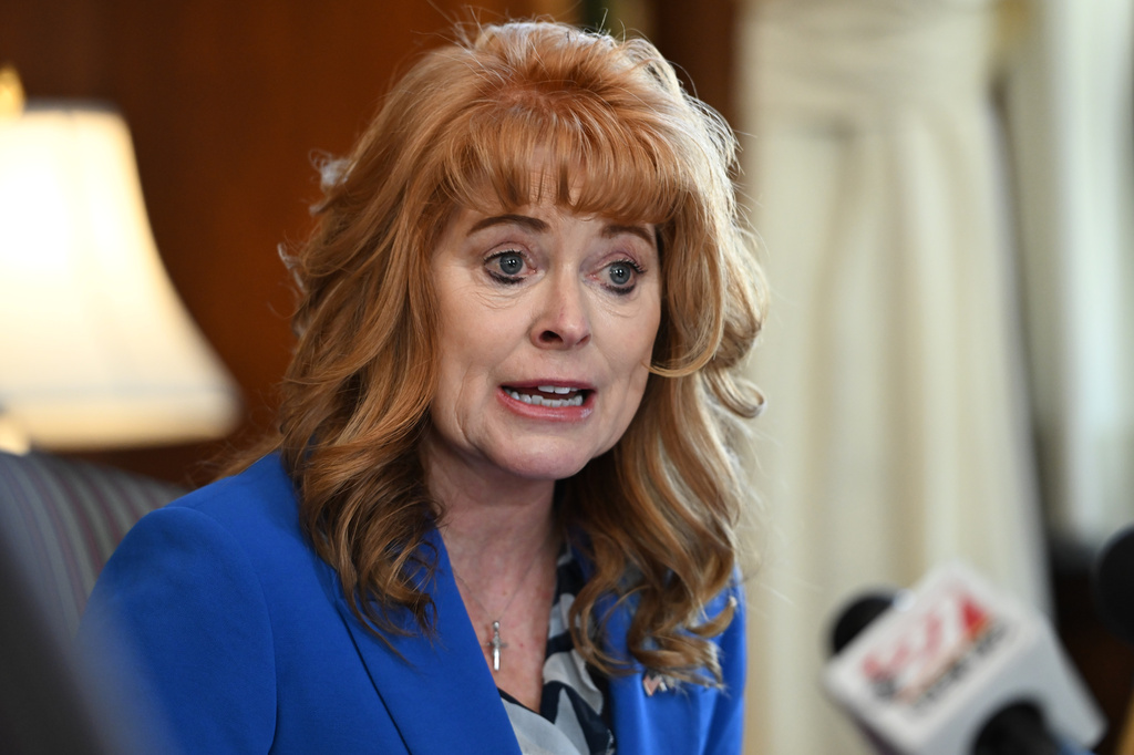 Pennsylvania state Treasurer Stacy Garrity speaks during a news conference in Treasury Department offices, Thursday, April 23, 2026, in Harrisburg, Pa. (AP Photo/Marc Levy)