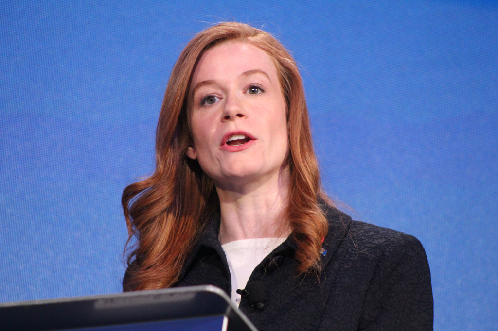 Michigan state Sen. Mallory McMorrow, D-Royal Oak, speaks during a debate between the Michigan Democratic candidates running for U.S. Senate on Thursday, May 28, 2026 on Mackinac Island, Mich. (Danielle James/The Flint Journal via AP)