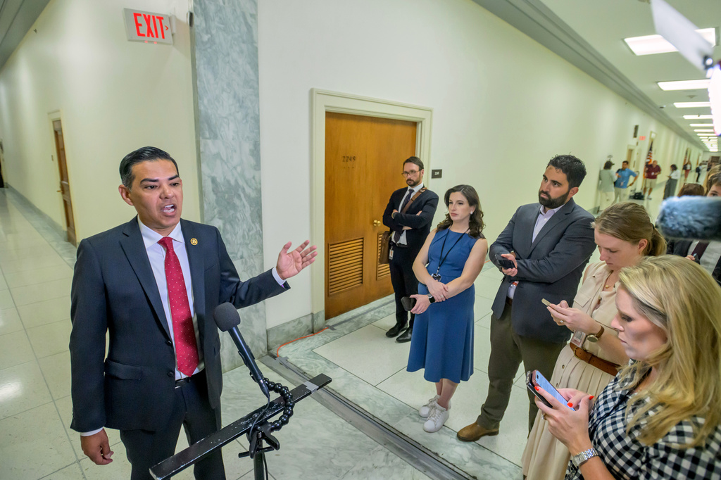 House Committee on Oversight and Government Reform Ranking Member Rep. Robert Garcia, D-Calif., arrives for a hearing with former Goldman Sachs senior counsel Kathryn Ruemmler regarding her ties to Jeffrey Epstein, on Capitol Hill, Wednesday, July 15, 2026, in Washington. (AP Photo/Rod Lamkey, Jr.)