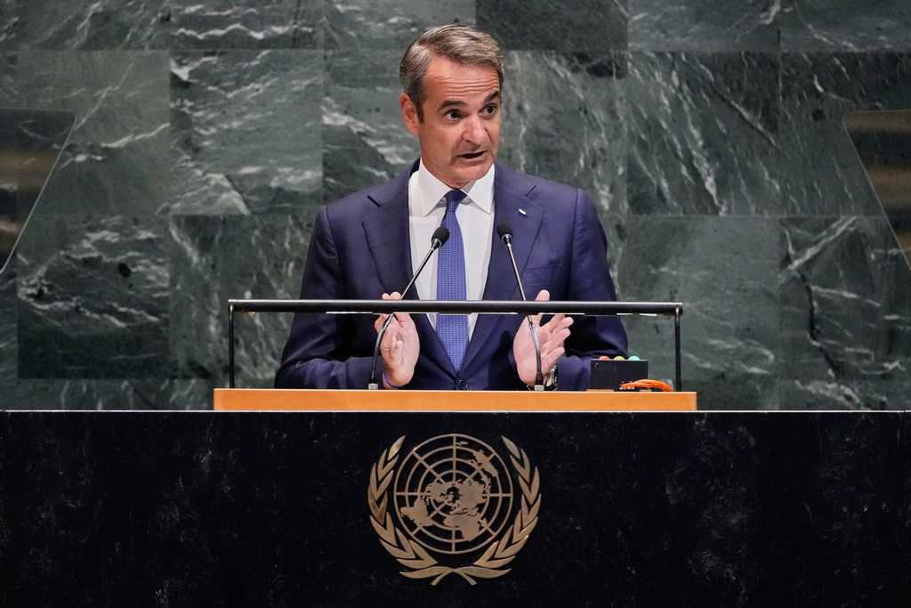 Greece Prime Minister Kyriakos Mitsotakis addresses the 80th session of the United Nations General Assembly, Friday, Sept. 26, 2025. (AP Photo/Richard Drew)