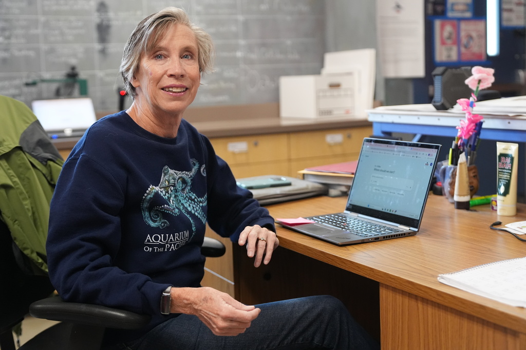Art teacher Joyce Hatzidakis poses for a portrait in her classroom Thursday, Jan. 22, 2026, Riverside, Calif. (AP Photo/Damian Dovarganes)