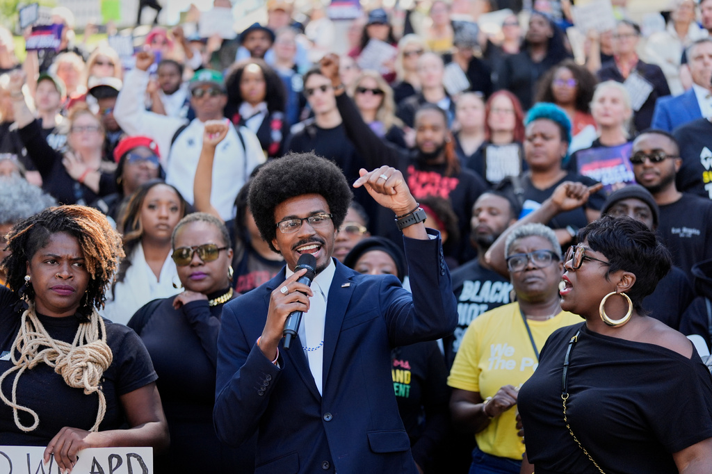 Rep. Justin J. Pearson, D-Memphis, speaks during a rally after a special session of the state legislature to redraw U.S. Congressional voting maps Thursday, May 7, 2026, in Nashville, Tenn. (AP Photo/George Walker IV)