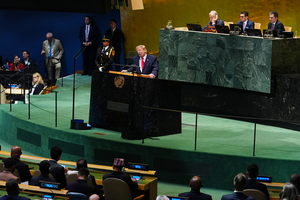 President Donald Trump speaks to the United Nations General Assembly, Tuesday, Sept. 22, 2026, at the UN headquarters. (AP Photo/Julia Demaree Nikhinson)
