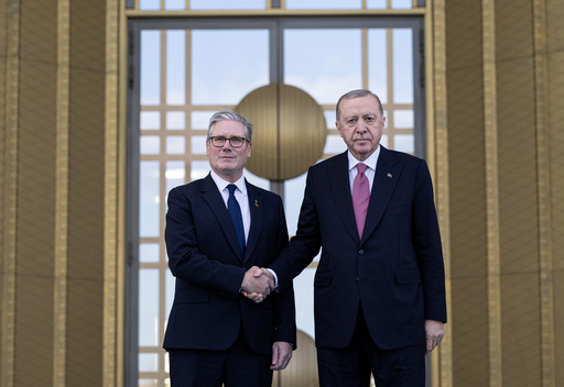 Turkey's President Recep Tayyip Erdogan, right, and Britain's Prime Minister Keir Starmer shakes hands prior to their meeting at the presidential palace, in Ankara, Monday, Oct. 27, 2025. (Ugur Yildirim/Dia Photo via AP) Turkey's President Recep Tayyip Erdogan, right, and Britain's Prime Minister Keir Starmer shakes hands prior to their meeting at the presidential palace, in Ankara, Monday, Oct. 27, 2025. (Ugur Yildirim/Dia Photo via AP)