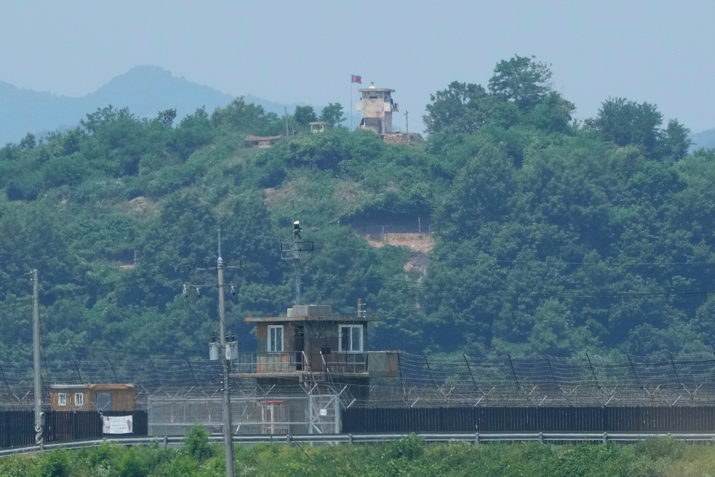 FILE - A North Korean military guard post, top, and a South Korean post, bottom, are seen from Paju, South Korea, near the border with North Korea, on June 18, 2024. (AP Photo/Ahn Young-joon, File)