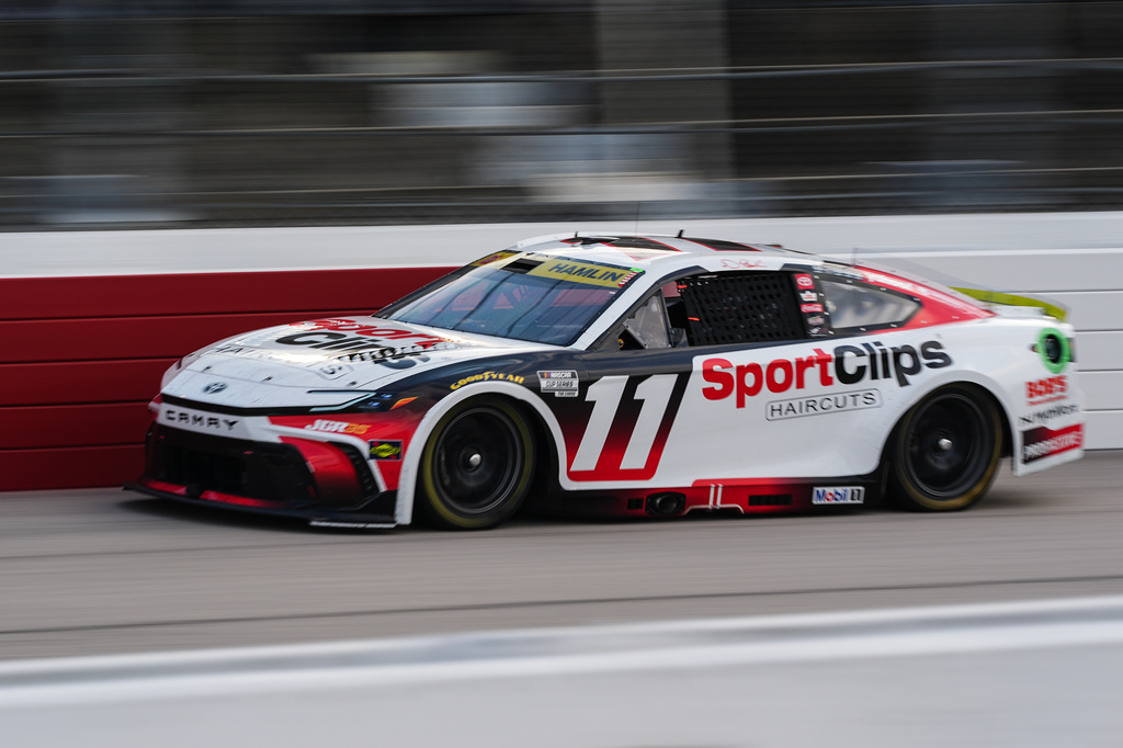 Denny Hamlin steers down the front stretch during a NASCAR Cup Series auto race Sunday, Sept. 6, 2026, in Darlington, S.C. (AP Photo/Matt Kelley)