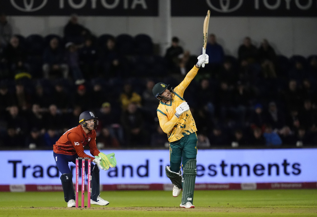 South Africa's Aiden Markram bats during the first International T20 Match at Sophia Gardens, Cardiff, Wales, Wednesday Sept. 10, 2025. (Nick Potts/PA via AP)