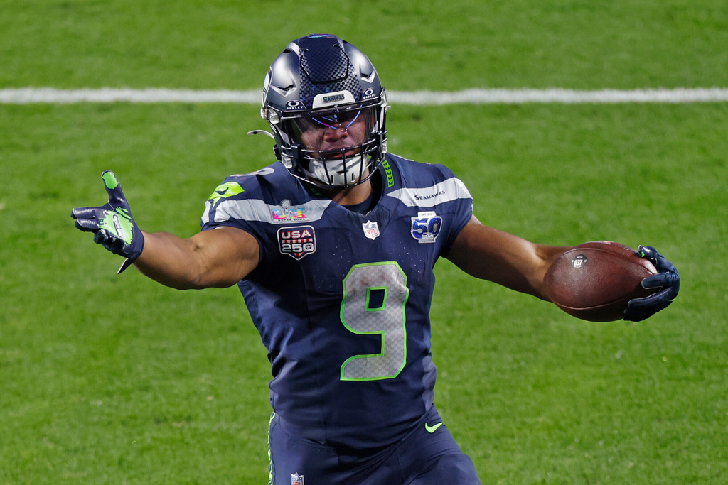 Seattle Seahawks running back Kenneth Walker III (9) in the fourth quarter against the New England Patriots during Super Bowl LX at Levi's Stadium in Santa Clara, Calif. on Sunday, Feb. 8, 2026.(Santiago Mejia/San Francisco Chronicle via AP)