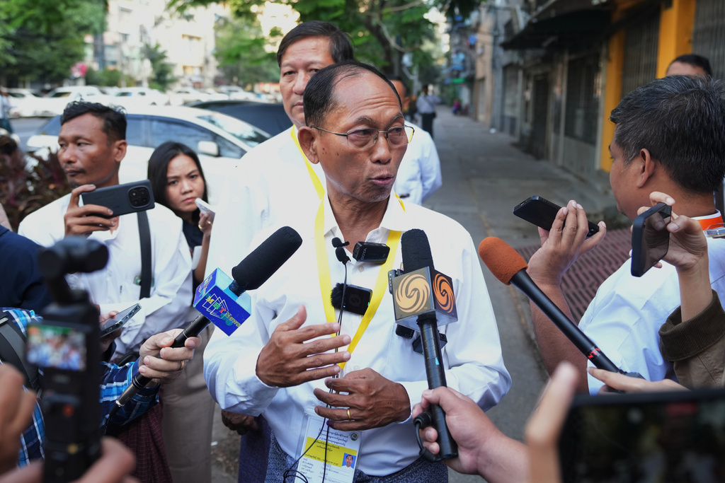 Ko Ko Gyi, chairman of the People's Party and leader of Myanmar's 1988 pro-democracy uprising, talks to journalists after casting his ballot at a polling station during the final round of general election Sunday, Jan. 25, 2026, in Yangon, Myanmar. (AP Photo/Thein Zaw)