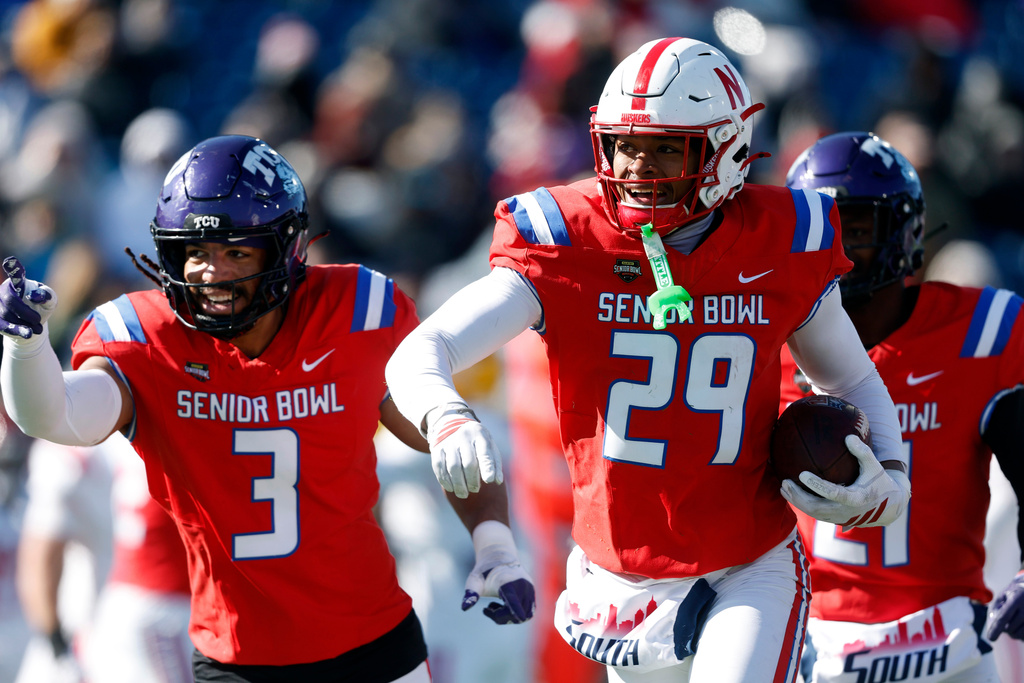 National Team safety Deshon Singleton (29), of Nebraska, celebrates after an interception during the first half of the Senior Bowl NCAA college football game Saturday, Jan. 31, 2026, in Mobile, Ala. (AP Photo/Butch Dill)