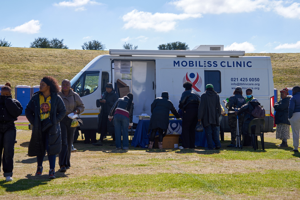 Secunda residents receive medical services at a mobile clinic during the rollout of Lenacapavir in Secunda, South Africa, Friday, June 5, 2026. (AP Photo/Kayleen Morgan)