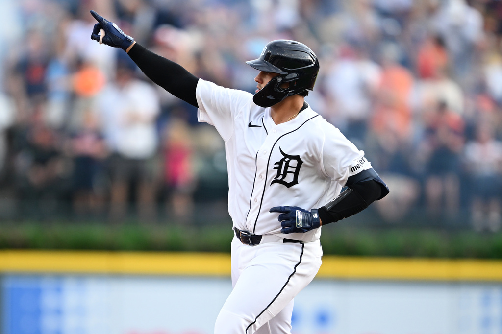 Detroit Tigers' Eduardo Valencia celebrates as he rounds the bases after hitting a solo home run against the Philadelphia Phillies in the fifth inning of a baseball game, Saturday, July 11, 2026, in Detroit. (AP Photo/Lon Horwedel)