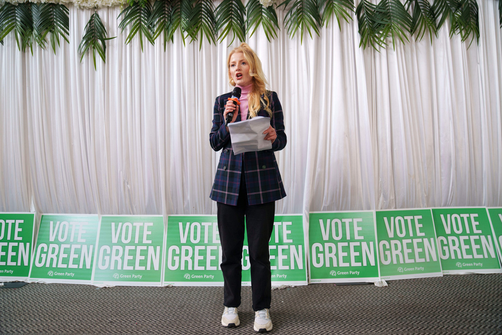 Green Party candidate for the Gorton and Denton by-election Hannah Spencer speaks in Manchester, England, Friday, Jan. 30, 2026. (AP Photo/Jon Super)