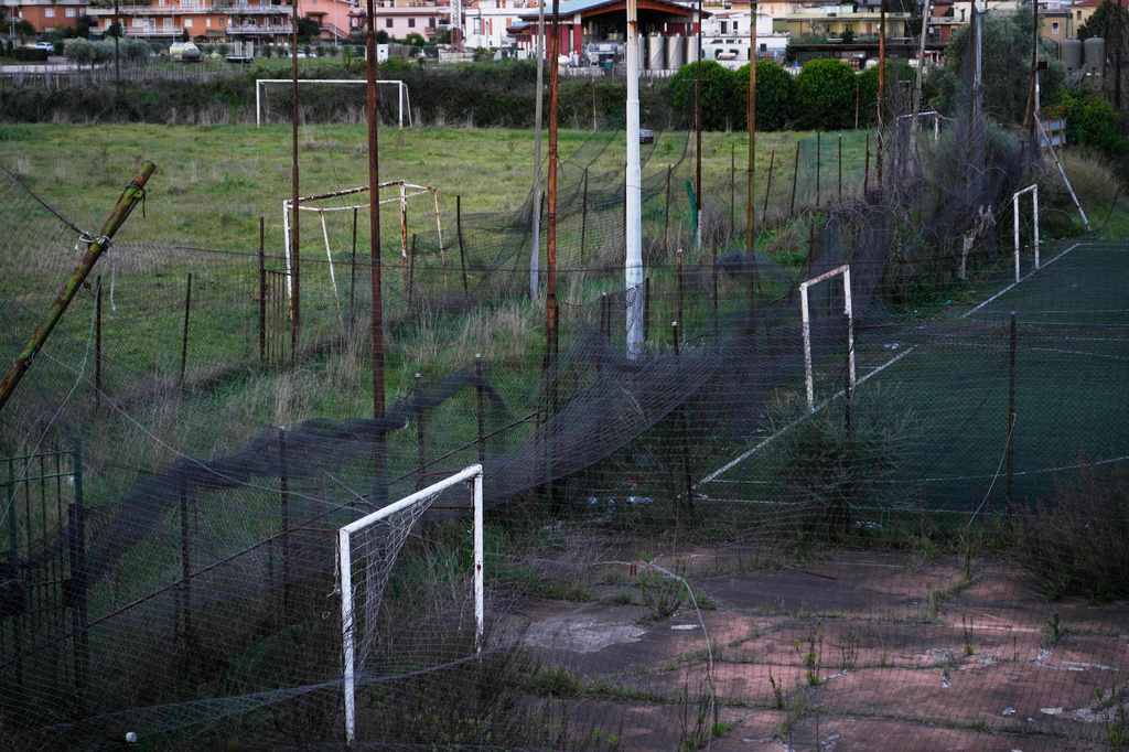 A n abandoned soccer field is pictured in Rome, Wednesday, April 1, 2026. (AP Photo/Gregorio Borgia)