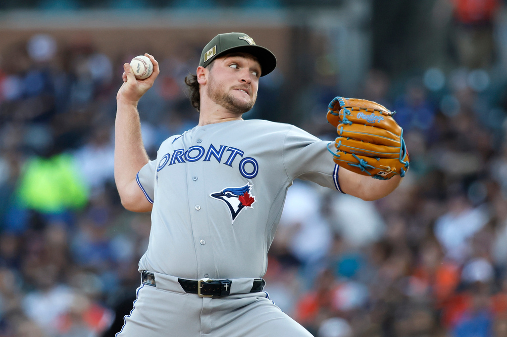 Toronto Blue Jays' Trey Yesavage pitches against the Detroit Tigers during the second inning of a baseball game Friday, May 15, 2026, in Detroit. (AP Photo/Duane Burleson)