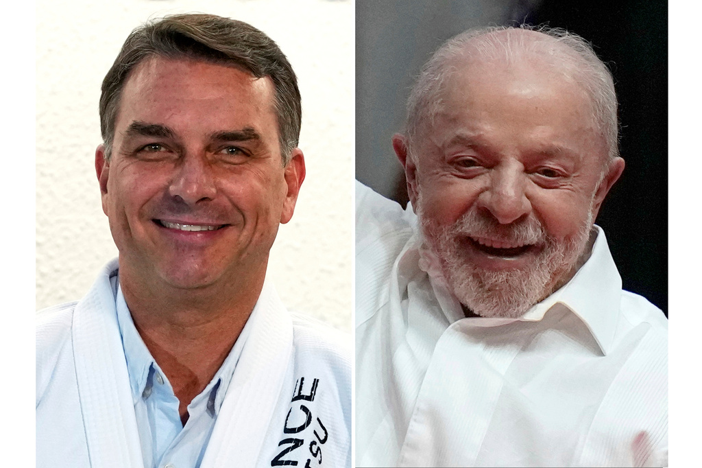 FILE - This combination of photos shows Flavio Bolsonaro, left, in Sao Paulo, on Sept. 29, 2026 and Luiz Inacio Lula da Silva in Rio de Janeiro, on Sept. 23, 2026. (AP Photo, File)