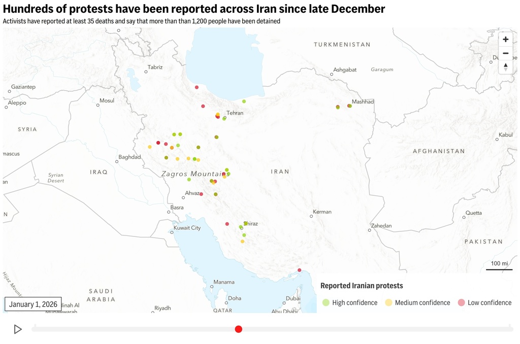 An interactive map of protests in Iran from December 29, 2025, to January 5, 2026. (AP Digital Embed)