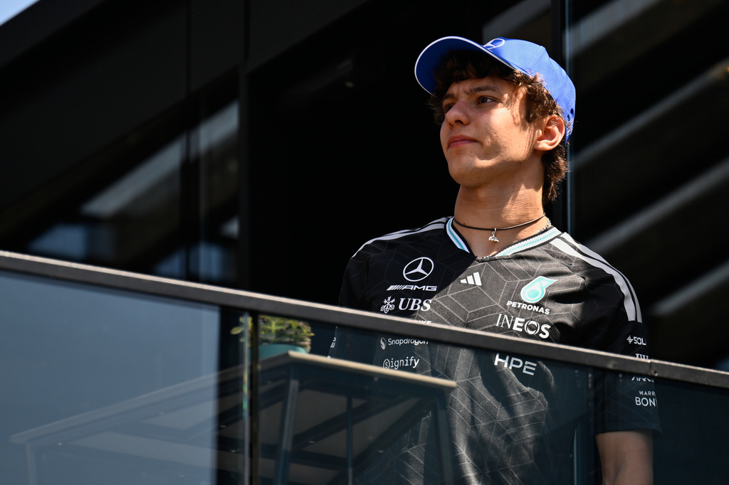 Mercedes driver Andrea Kimi Antonelli of Italy looks from a balcony before the Austrian F1 Grand Prix, in Spielberg, Austria, Thursday, June 25, 2026. (AP Photo/Denes Erdos)