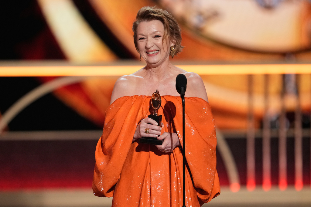 Lesley Manville accepts the award for best performance by an actress in a leading role in a play for "Oedipus" during the 79th Tony Awards on Sunday, June 7, 2026, at Radio City Music Hall in New York. (Photo by Charles Sykes/Invision/AP)