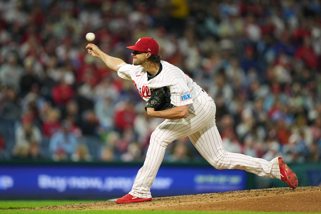 Philadelphia Phillies' Aaron Nola pitches during the fifth inning of a baseball game against the Milwaukee Brewers, Wednesday, Sept. 23, 2026, in Philadelphia. (AP Photo/Matt Rourke)