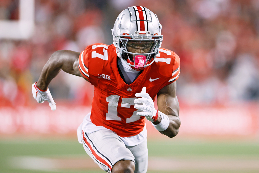 FILE - Ohio State receiver Carnell Tate plays against Ohio State during an NCAA college football game, Oct. 4, 2025, in Columbus, Ohio. (AP Photo/Jay LaPrete, File)