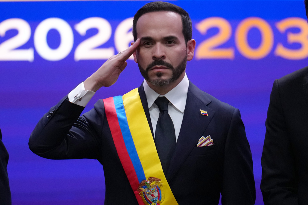 Colombia's President Abelardo de la Espriella salutes after taking the oath of office in Cali, Colombia, Friday, Aug. 7, 2026. (AP Photo/Matias Delacroix)