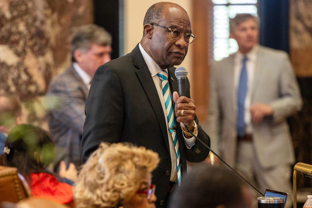 Mississippi state Sen. Johnny DuPree, D-Hattiesburg, raises a question during bill discussion, April 1, 2026, in the Senate chamber of the state Capitol in Jackson, Miss. (Eric Shelton/Mississippi Today via AP)