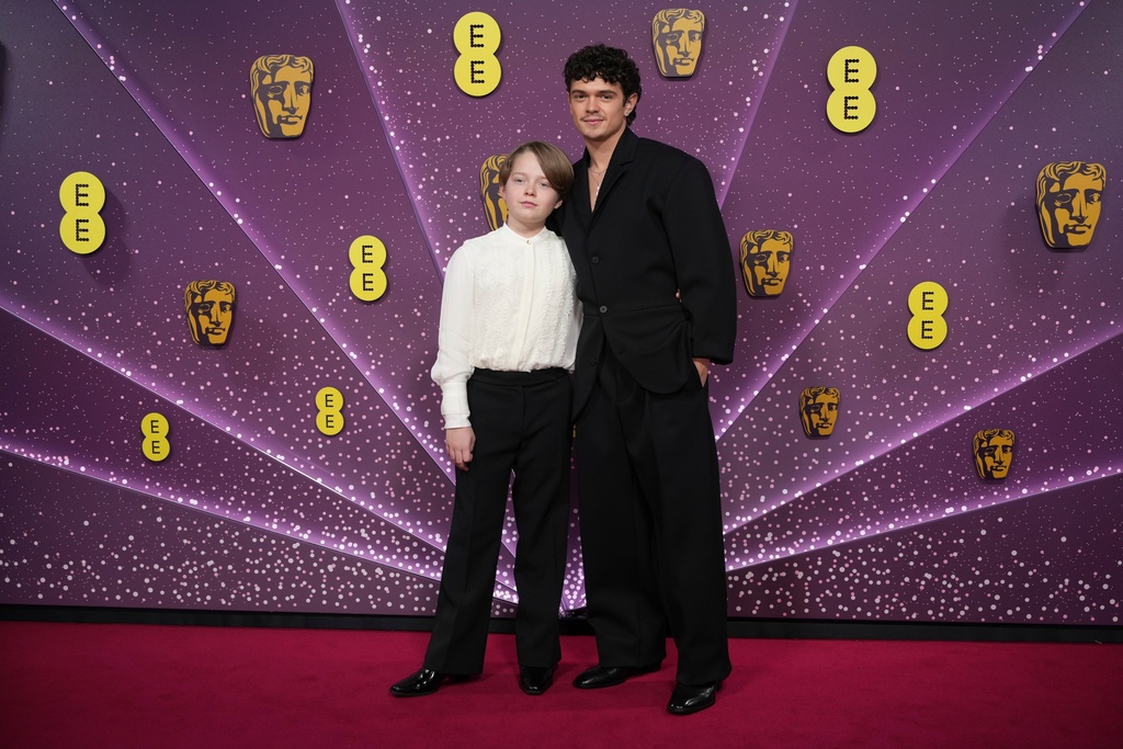 Jacobi Jupe, left and Noah Jupe pose for photographers upon arrival at the 79th British Academy Film Awards, BAFTA's, in London, Sunday, Feb. 22, 2026. (AP Photo/Alastair Grant)