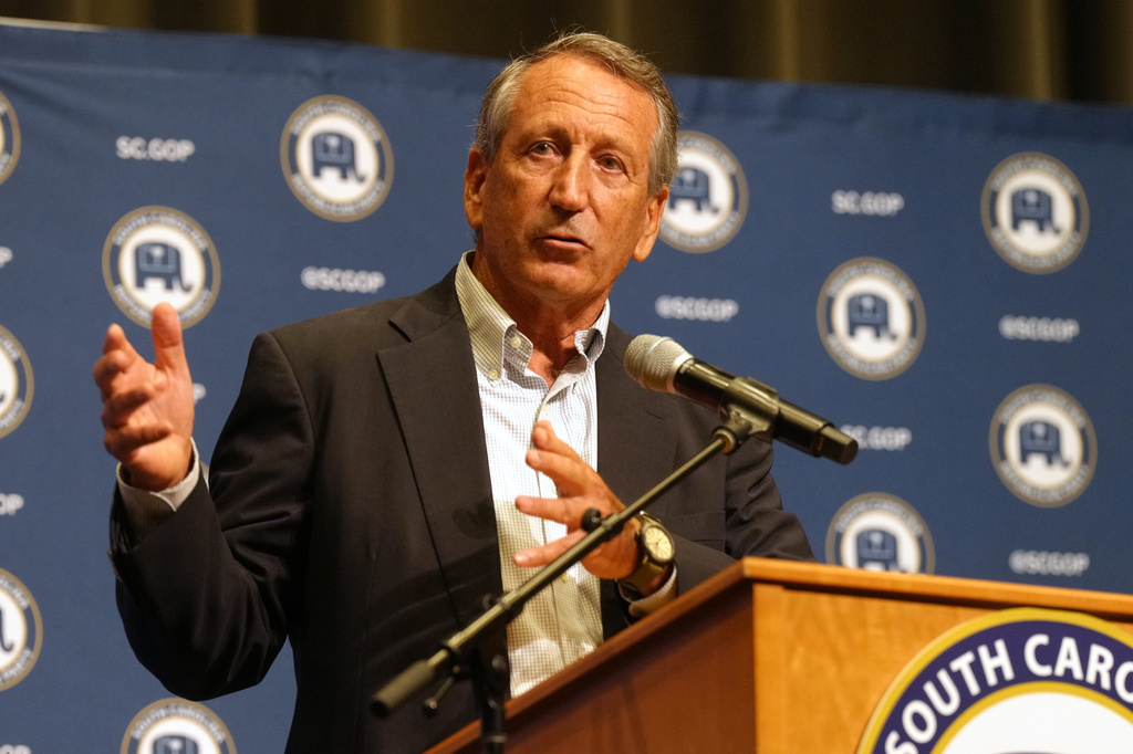 Former Gov. Mark Sanford, R-S.C., speaks at a Senate candidate stump event to ahead of a special GOP primary to select a replacement for the late Sen. Lindsey Graham, R-S.C., Saturday, Aug. 1, 2026, in Lexington, S.C. (AP Photo/Meg Kinnard)