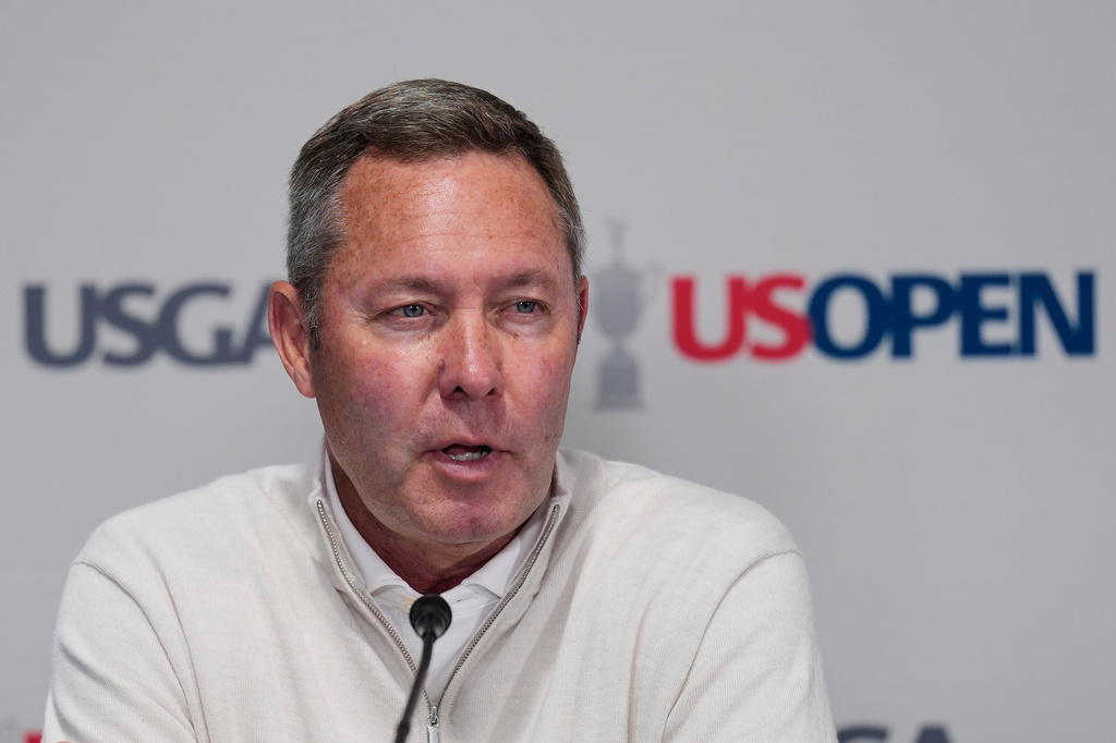 United States Golf Association CEO Mike Whan speaks during a news conference during the U.S. Open golf tournament at Shinnecock Hills Golf Club in Southampton, N.Y., Wednesday, June 17, 2026.(AP Photo/David J. Phillip)