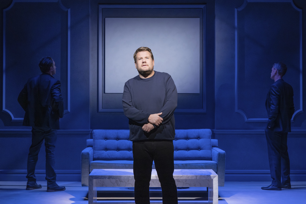 This image released by Polk & Co. shows James Corden during a performance of "Art" at the Music Box Theatre in New York. (Matthew Murphy/Polk & Co. via AP)