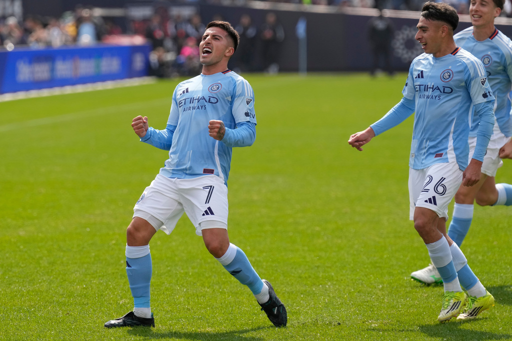 New York City FC's Nicolás Fernández reacts after scoring during the first half of an MLS soccer game against Inter Miami at Yankee Stadium in New York, Sunday, March 22, 2026. (AP Photo/Seth Wenig)