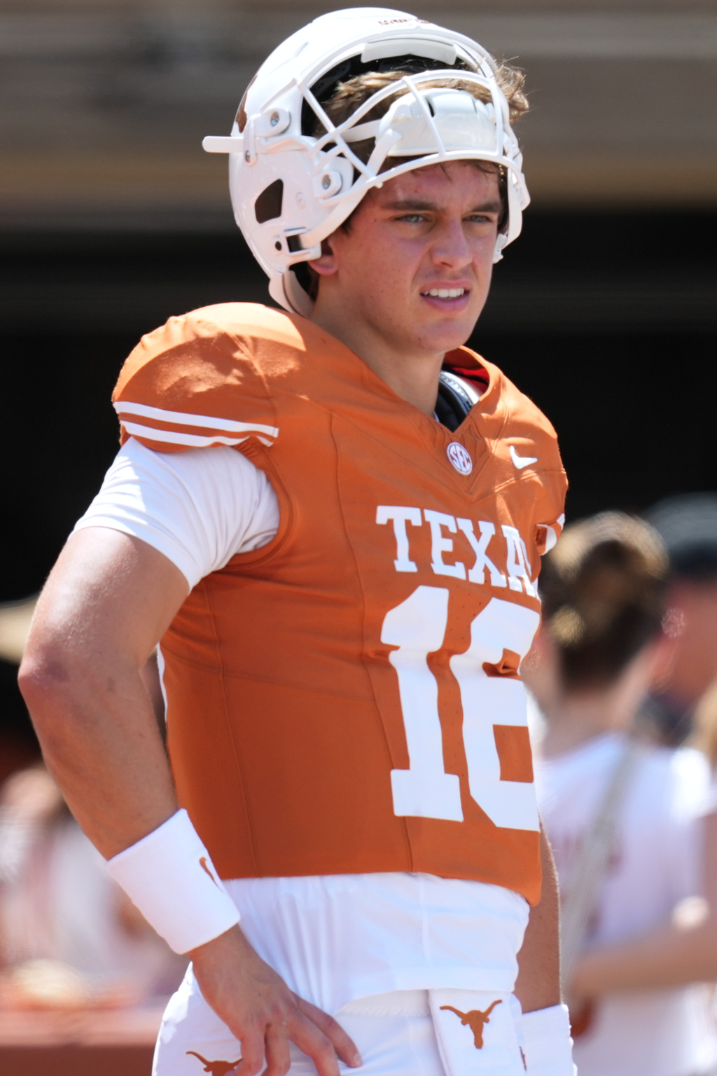 Texas quarterback Arch Manning warms up before an NCAA college football game against Texas State in Austin, Texas, Saturday, Sept. 5, 2026. (AP Photo/Eric Gay)