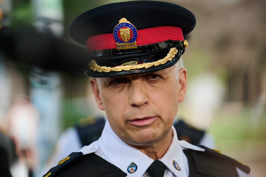Toronto Police Deputy Chief Frank Barredo speaks to media after a shot was fired at the U.S. Consulate in Toronto, on Monday, July 27, 2026. (Sammy Kogan/The Canadian Press via AP)
