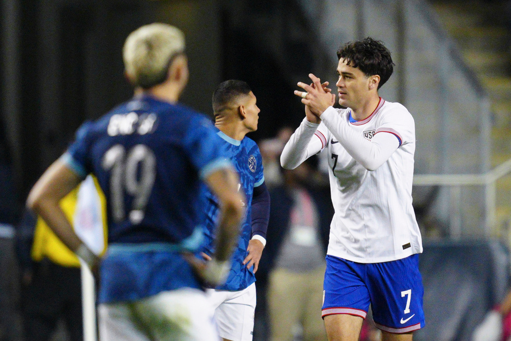 United States' Gio Reyna (7) celebrates his goal during the first half of an international friendly soccer match against Paraguay, Saturday, Nov. 15, 2025, in Chester, Pa. (AP Photo/Derik Hamilton)