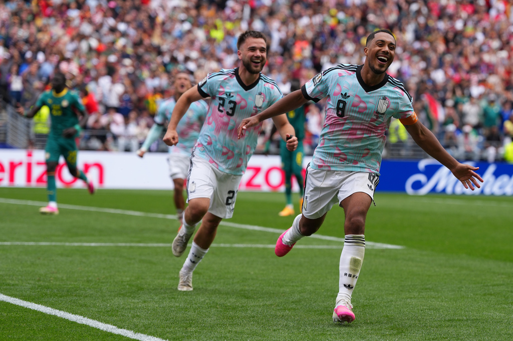 Belgium's Youri Tielemans (8) celebrates after scoring thrd goal during the World Cup round of 32 soccer match between Belgium and Senegal in Seattle, Wednesday, July 1, 2026. (AP Photo/Manu Fernandez)