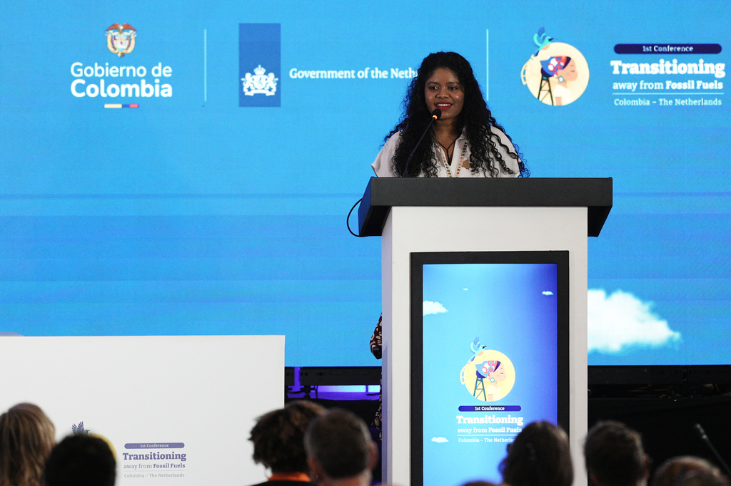 Yuvelis Morales Blanco, a 2026 Goldman Environmental Prize winner, speaks during a conference aimed at transitioning away from fossil fuels Tuesday, April 28, 2026, in Santa Marta, Colombia. (AP Photo/Ivan Valencia)